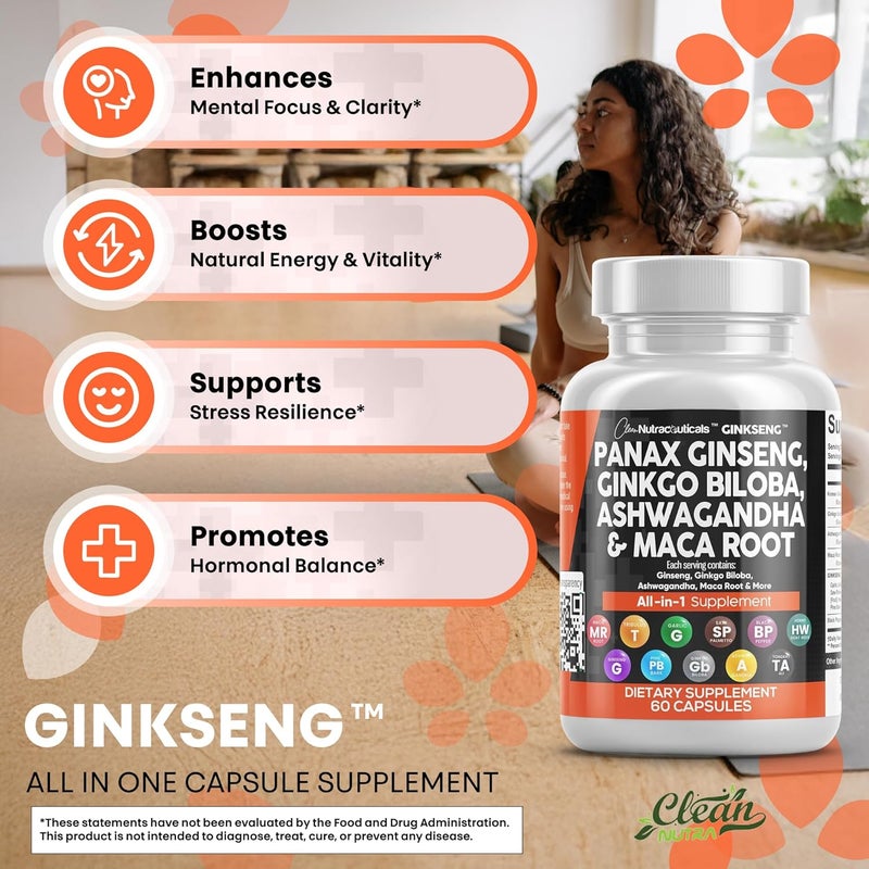 Clean Nutraceuticals Panax Ginseng Ginkgo Biloba Ashwagandha Maca Root  Focus Supplement Pills for Women and Men with Pine Bark Extract Garlic and Saw Palmetto  60 Caps - Image 5