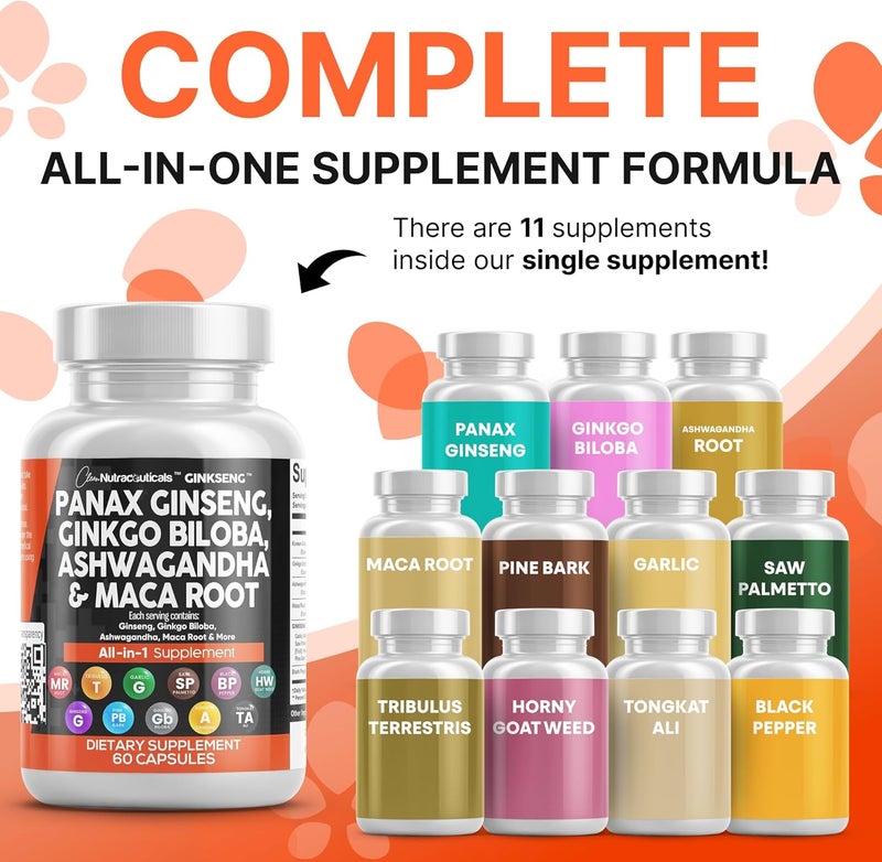 Clean Nutraceuticals Panax Ginseng Ginkgo Biloba Ashwagandha Maca Root  Focus Supplement Pills for Women and Men with Pine Bark Extract Garlic and Saw Palmetto  60 Caps - Image 2