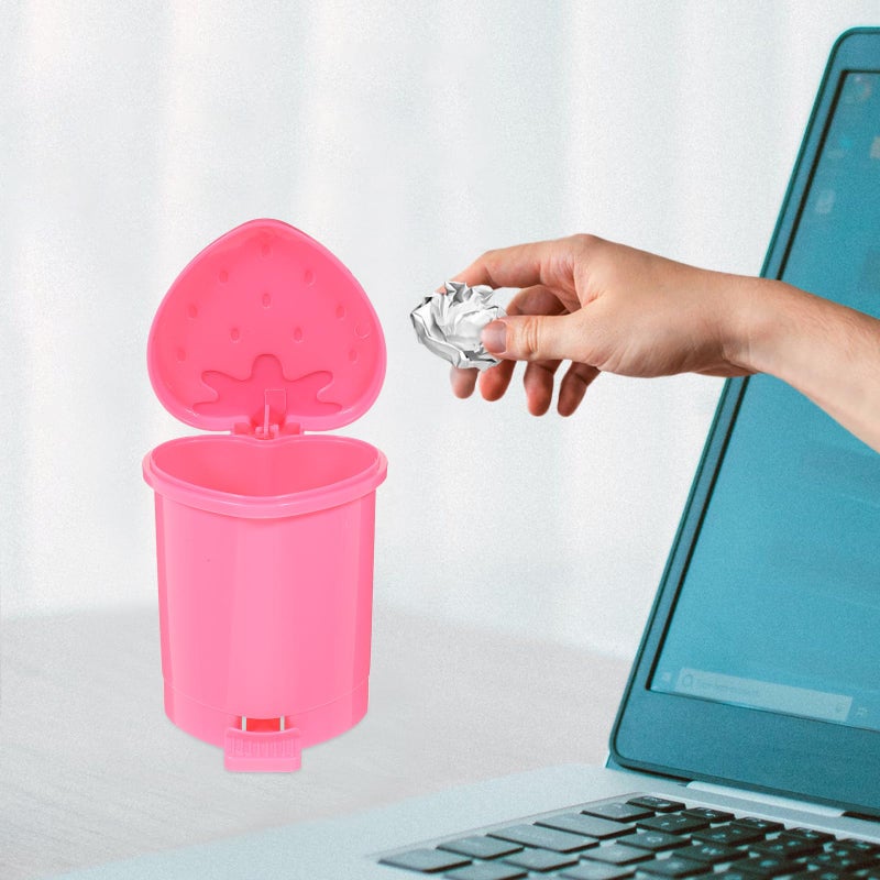 NUOBESTY Mini Strawberry Trash Bin Cute Small Strawberry Garbage Can with Swing Lid for Office Home Kitchen Desk (Pink) - Image 3