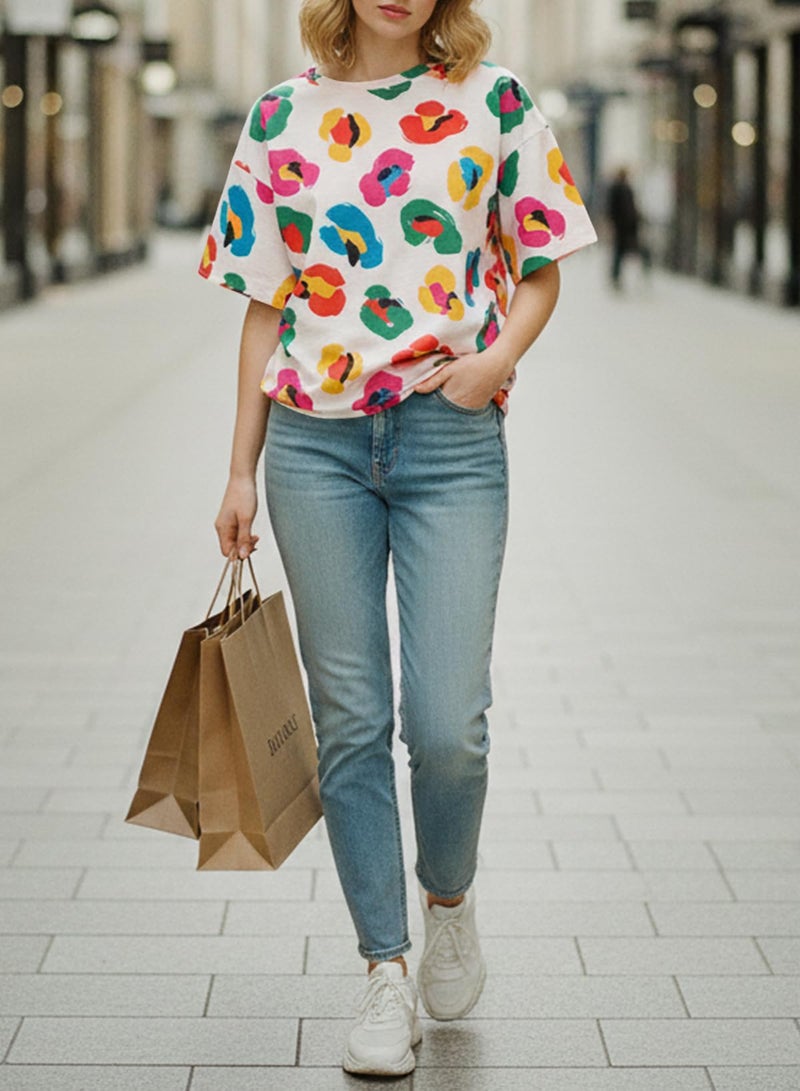 Astylish Womens Vibrant Abstract Print Blouses Dressy Casual Short Sleeve Crewneck Chic Boho Tops Loose Fit Flowy Tunic Shirts Spring Summer Beach Fashion Apricot Medium - Image 3