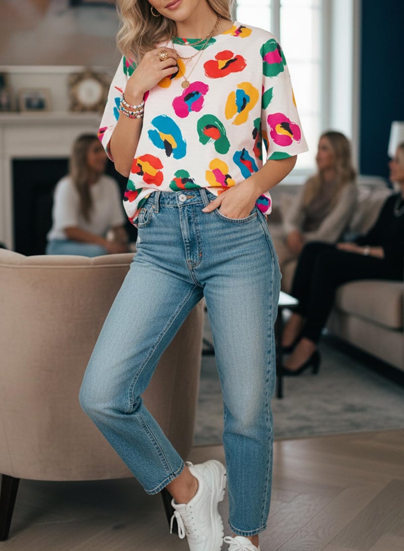 Astylish Womens Vibrant Abstract Print Blouses Dressy Casual Short Sleeve Crewneck Chic Boho Tops Loose Fit Flowy Tunic Shirts Spring Summer Beach Fashion Apricot Medium - Image 5