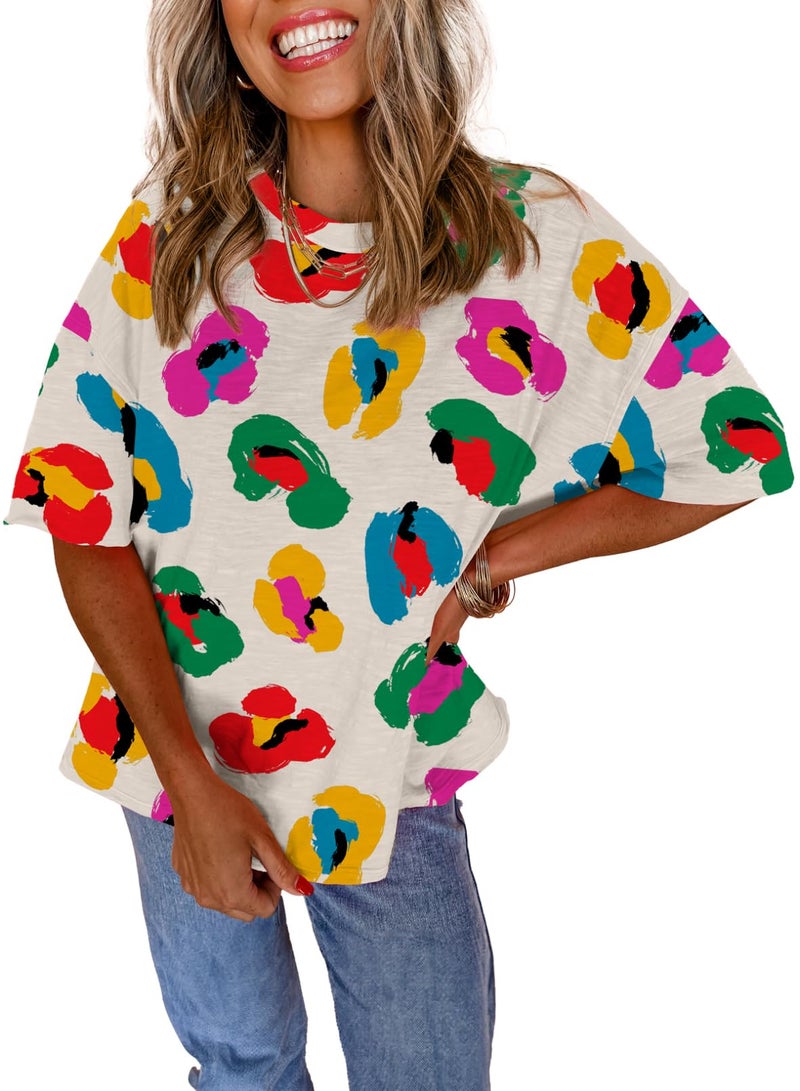 Astylish Womens Vibrant Abstract Print Blouses Dressy Casual Short Sleeve Crewneck Chic Boho Tops Loose Fit Flowy Tunic Shirts Spring Summer Beach Fashion Apricot Medium - Image 1