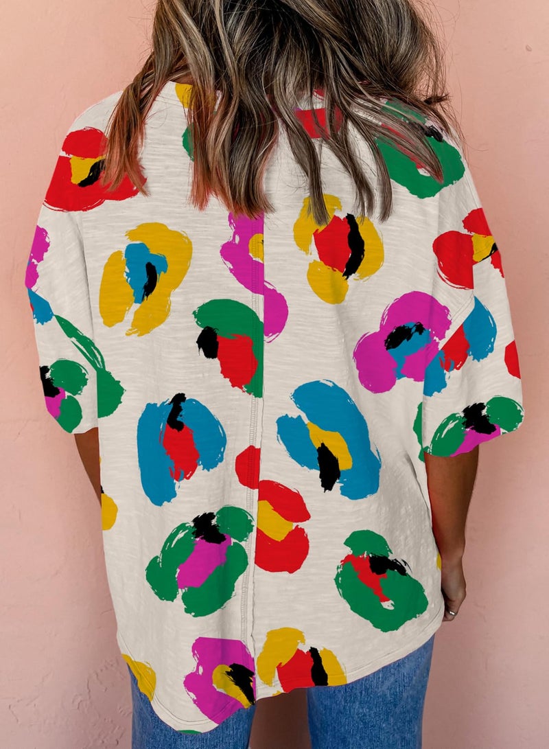Astylish Womens Vibrant Abstract Print Blouses Dressy Casual Short Sleeve Crewneck Chic Boho Tops Loose Fit Flowy Tunic Shirts Spring Summer Beach Fashion Apricot Medium - Image 4