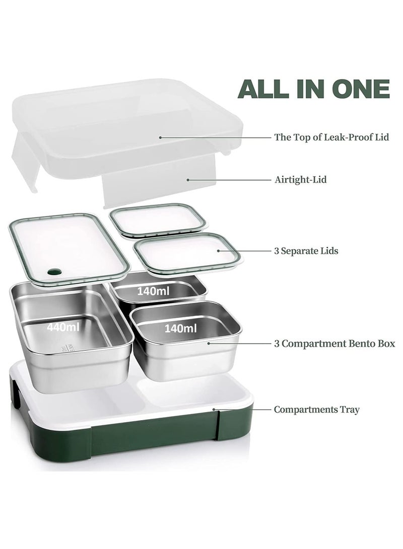 VUCATIN Kids School Stainless Steel Lunch Box Insulated Bento Lunch Box with Storage Bag 3 Compartments Divided Lunch Container with Lid Tableware (Green 720ML) - Image 4