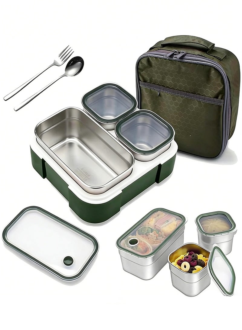 VUCATIN Kids School Stainless Steel Lunch Box Insulated Bento Lunch Box with Storage Bag 3 Compartments Divided Lunch Container with Lid Tableware (Green 720ML) - Image 1