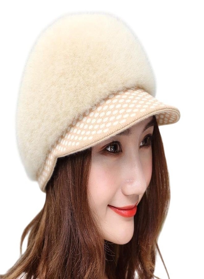 Richmen Winter Woolen Visor Fashionable Cap for Women Girls Warm Knit Hat Fleece Lined Snow Ski Beret | Cabbie Stylish Faux Fur Warm Skull Cap (Beige) - Image 1