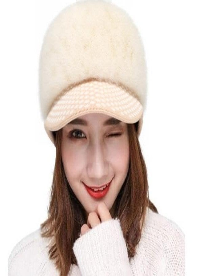 Richmen Winter Woolen Visor Fashionable Cap for Women Girls Warm Knit Hat Fleece Lined Snow Ski Beret | Cabbie Stylish Faux Fur Warm Skull Cap (Beige) - Image 2