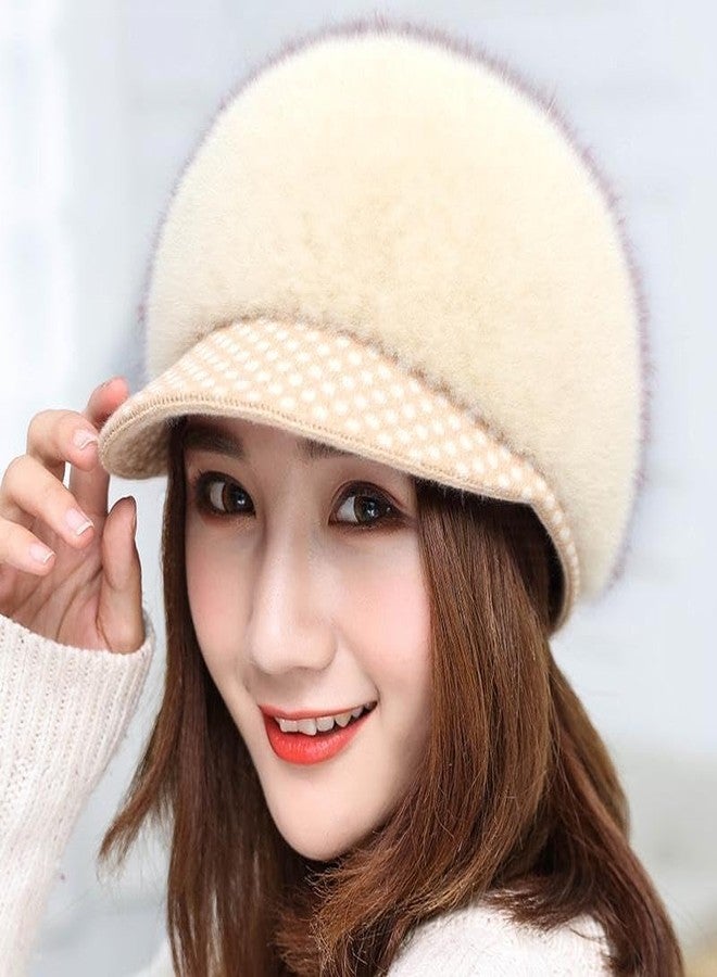 Richmen Winter Woolen Visor Fashionable Cap for Women Girls Warm Knit Hat Fleece Lined Snow Ski Beret | Cabbie Stylish Faux Fur Warm Skull Cap (Beige) - Image 3