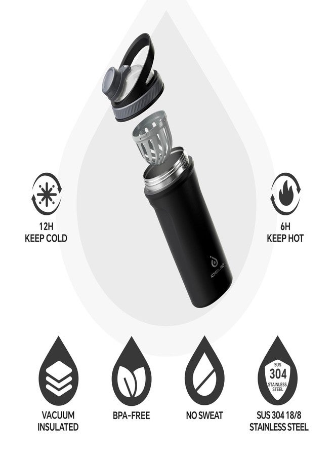 Ideus Protein Shaker Bottle 24oz(710ml) Insulated Stainless Steel Shaker Bottle with Silent Tritan Ball Portable Pre Workout Shaker Cups for Protein Shakes, Smoothies, Cocktails, Black - Image 2