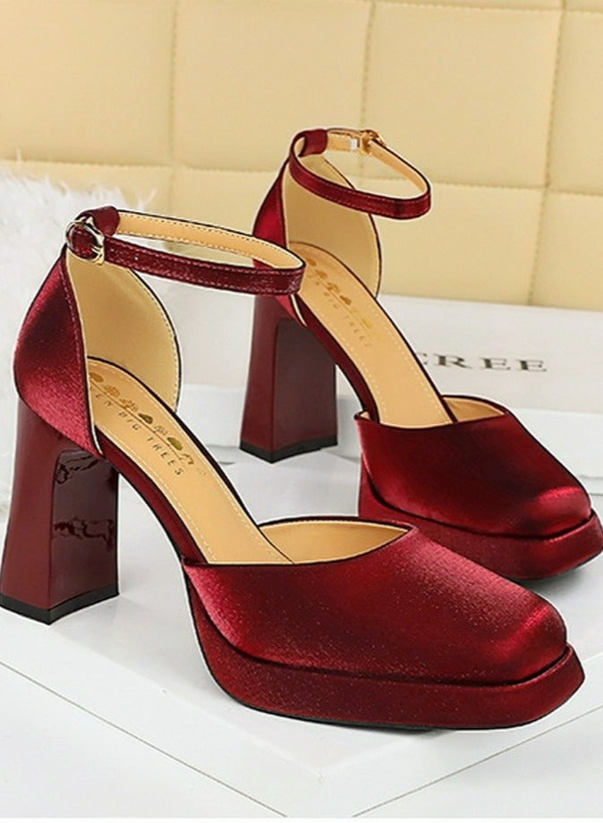 بيج تري المرأة الساتان منصة الكعب العالي مربع مغلق إصبع القدم مضخات النبيذ الأحمر 9CM - Image 2