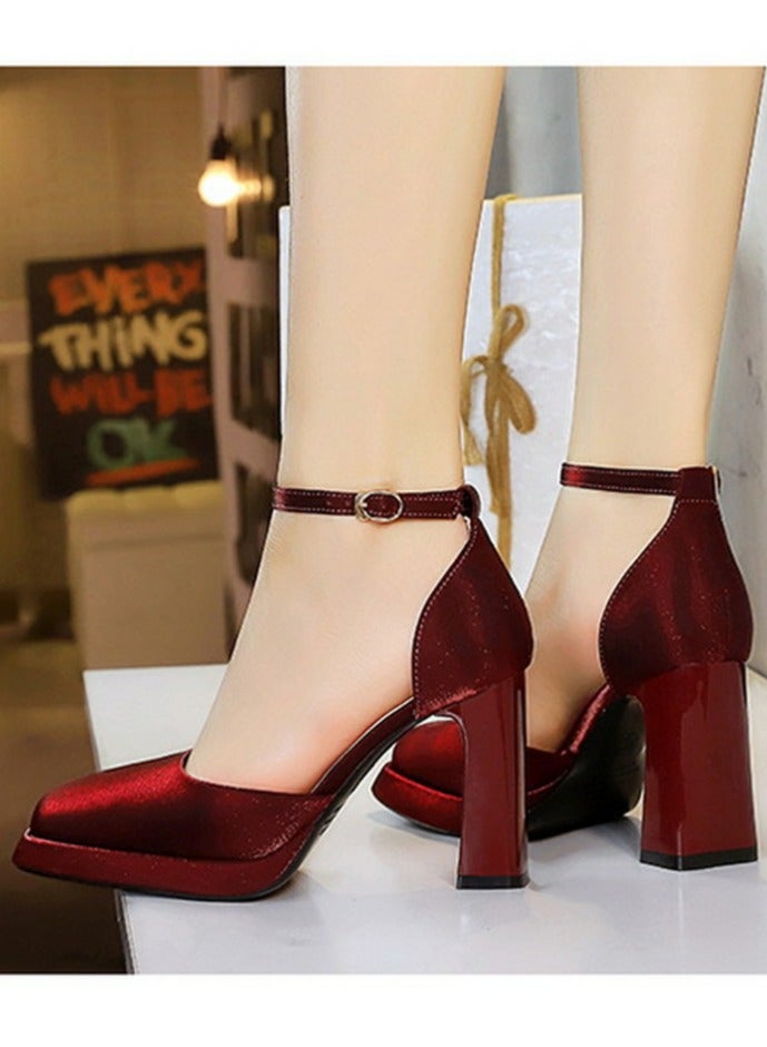 بيج تري المرأة الساتان منصة الكعب العالي مربع مغلق إصبع القدم مضخات النبيذ الأحمر 9CM - Image 4
