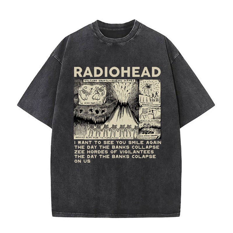 Washed Vintage Rock Band Radiohead T Shirt Music Album Printed Ra - Image 1