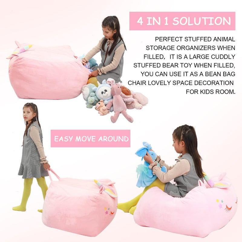 Yoweenton Stuffed Animal Storage Bean Bag Chair Cover for Kids Pink Unicorn Beanbag Chair for Girls Large Size Toy Organizer Cover Only Without Filling - Image 3