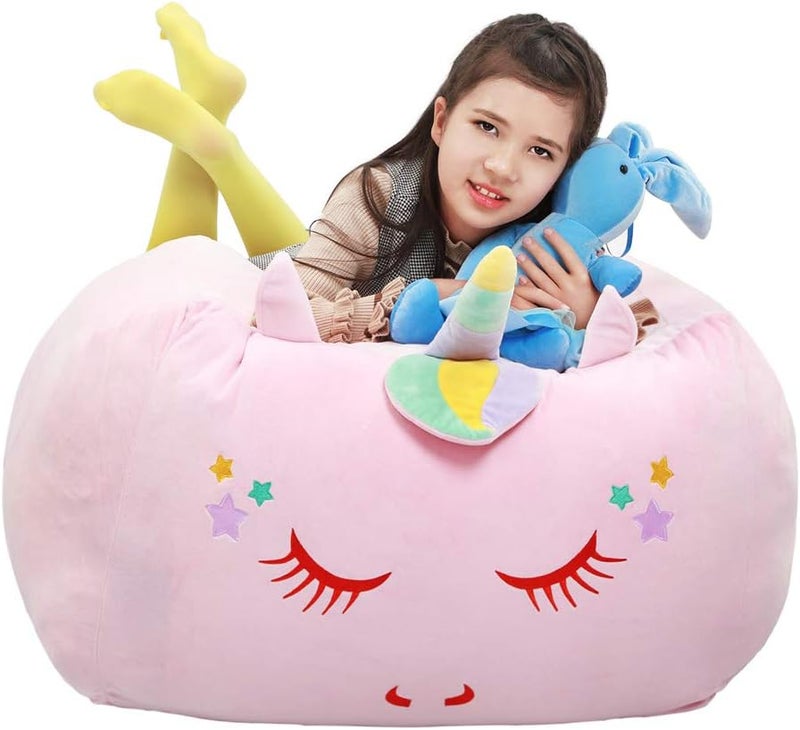 Yoweenton Stuffed Animal Storage Bean Bag Chair Cover for Kids Pink Unicorn Beanbag Chair for Girls Large Size Toy Organizer Cover Only Without Filling - Image 1