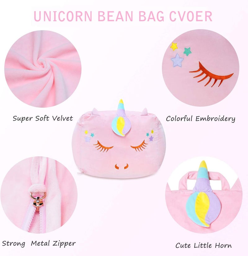 Yoweenton Stuffed Animal Storage Bean Bag Chair Cover for Kids Pink Unicorn Beanbag Chair for Girls Large Size Toy Organizer Cover Only Without Filling - Image 2