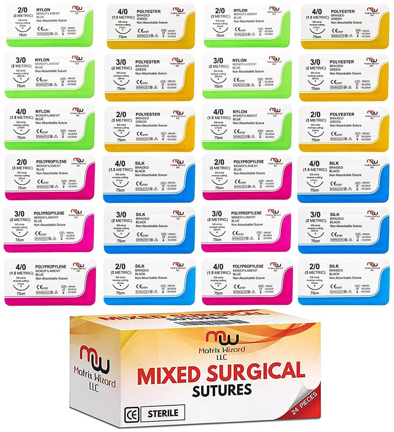 Matrix Wizard Sutures Thread with Needle (24 Mixed 2/0, 3/0, 4/0) - Practicing Suturing; Taxidermy; Military Tactical Drill, Hospital Clinic Rotation, Camping First Aid Travel Safety; MD, RN, EMT, Vet Demo - Image 1