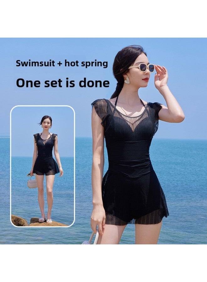 Loquat Personality Strap Lace Swimsuit One-piece Plus Size Swimming Skirt Korean Style Dongdaemun Fashion Women's Swimsuit High Waist Backless-Color:Elegant Black (jumpsuit)- - Image 1