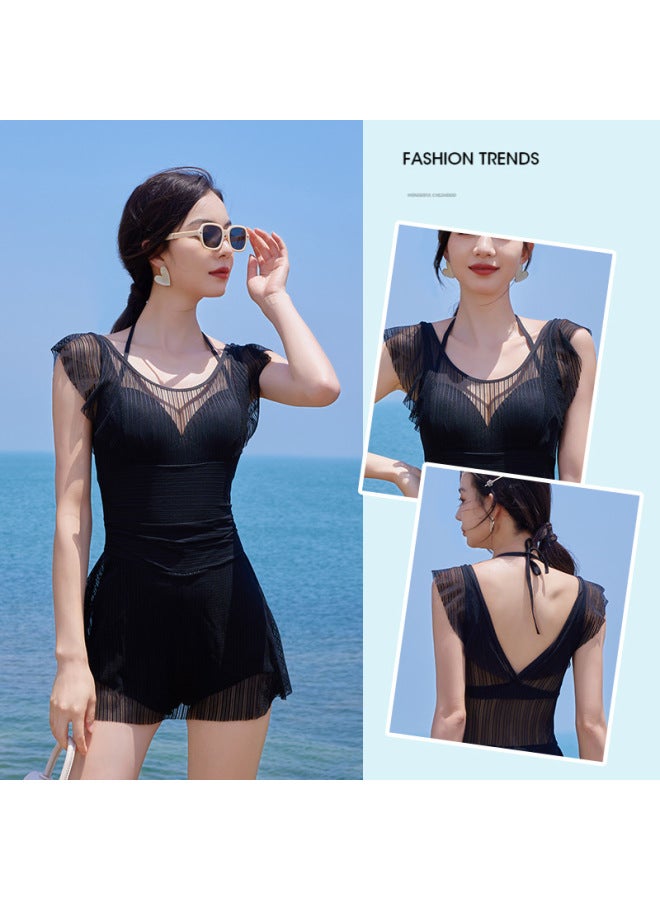 Loquat Personality Strap Lace Swimsuit One-piece Plus Size Swimming Skirt Korean Style Dongdaemun Fashion Women's Swimsuit High Waist Backless-Color:Elegant Black (jumpsuit)- - Image 4