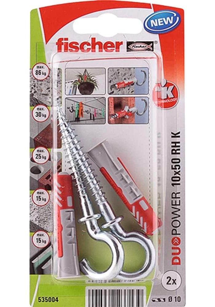 fischer DuoPower 10 x 50 Universal Wall Plug with Round Hook, two-component nylon plug, matching hook, red expansion wings, for concrete brick aerated concrete plasterboard chipboard and hollow block