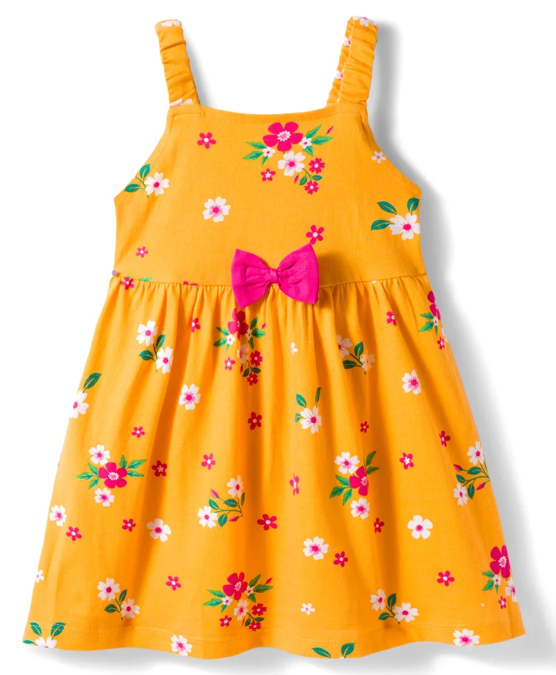 Babyhug Babyhug 100% Cotton Knit Floral Printed Dress with Full Sleeves Denim Jacket - Yellow & Blue