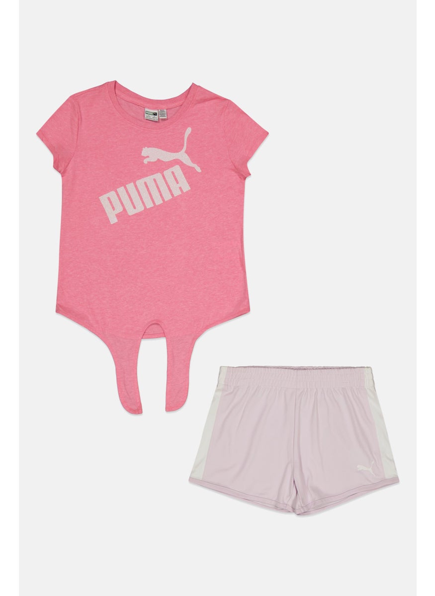 PUMA طقم جيرسي رياضي مكون من قطعتين بشعار العلامة التجارية للبنات، وردي/أرجواني  - Image 1