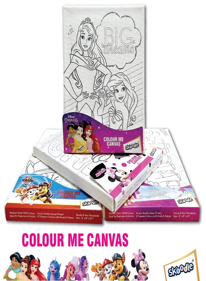 SKOODLE Set of 4 Colour Me Canvas Kit of Disney Princess, Paw Patrol, Minnie, My Little Pony, 4 Canvas, 6x8 Inch, 6 Tempera Colours, Brush and Palette with Each Canvas, Ages 3+ Years - Image 5