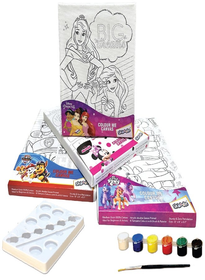 SKOODLE Set of 4 Colour Me Canvas Kit of Disney Princess, Paw Patrol, Minnie, My Little Pony, 4 Canvas, 6x8 Inch, 6 Tempera Colours, Brush and Palette with Each Canvas, Ages 3+ Years - Image 1