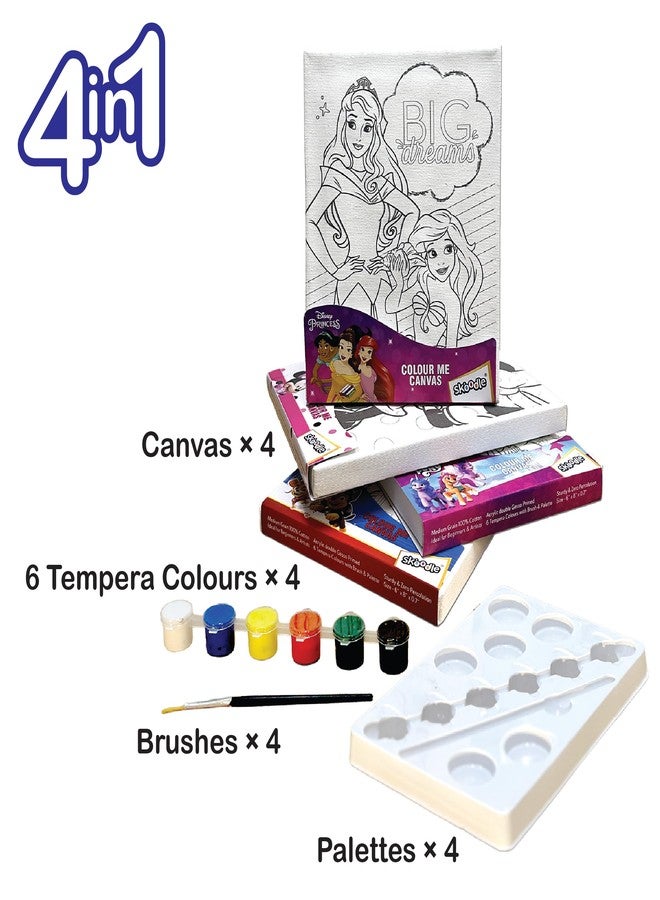 SKOODLE Set of 4 Colour Me Canvas Kit of Disney Princess, Paw Patrol, Minnie, My Little Pony, 4 Canvas, 6x8 Inch, 6 Tempera Colours, Brush and Palette with Each Canvas, Ages 3+ Years - Image 2