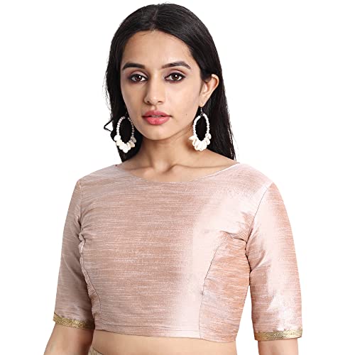 JISB Women's Raw Silk Elbow Length Sleeves Readymade Saree Slim Fit Blouse (44, Light Pink) - Image 1