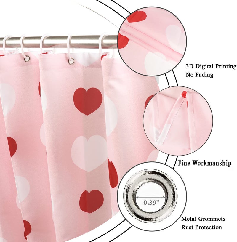 GCIREC Valentine's Day Shower Curtain, Weighted Bottom Romantic Love Theme Pink and Red Little Heart Fabric Bathroom Curtain Home Decor Waterproof Washable with 12 Hooks,72"x72" - Image 5