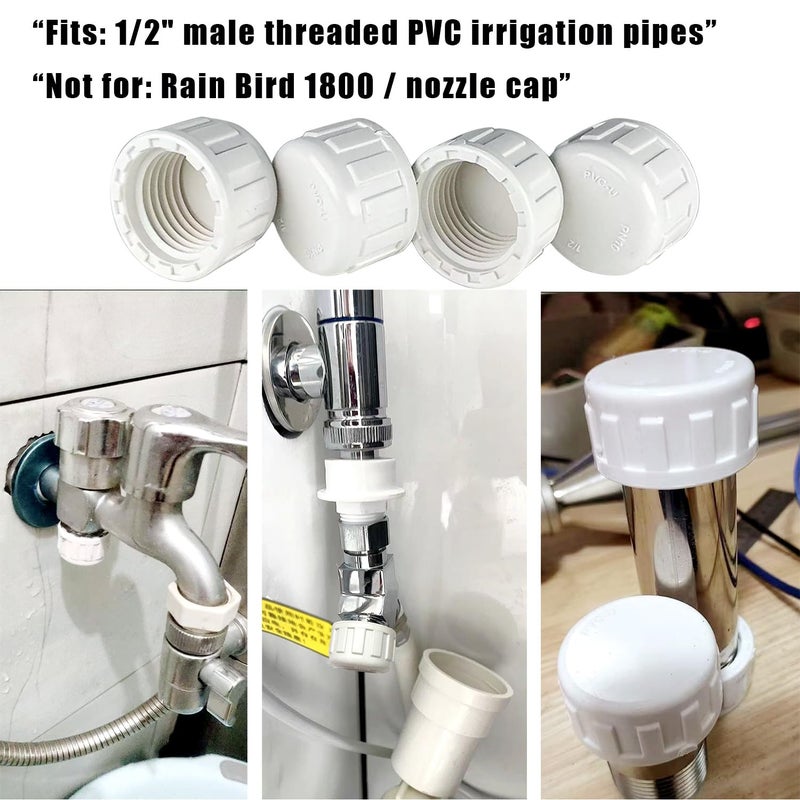 FOJOO 12PCS 1/2" PVC Sprinkler Cap, End Female Thread Pipe Plug Adapter for Irrigation, DIY Projects,Sprinkler Head Cap, Water Line, Plumbing Repair, Compatible with Rainbird Systems(1/2" BSPT Thread) - Image 5