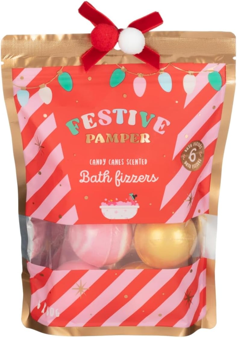 New Festive Pamper Candy Cane Bath Fizzers 6 Pack Christmas Scented Bath Bombs Gift Set Stocking Filler Relaxing Self Care Treat for Holiday Soak A95