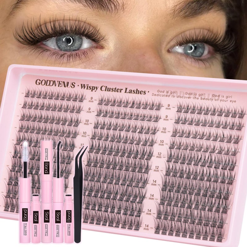 Goddvenus Lash Clusters Kit 9-14mm Wispy Eyelash Clusters Lashes Natural DIY Lash Extension Kit Short Cluster Eyelash Extensions Kit 300pcs C Curl Individual Lashes Cluster Eyelash (With Tweezers) - Image 1