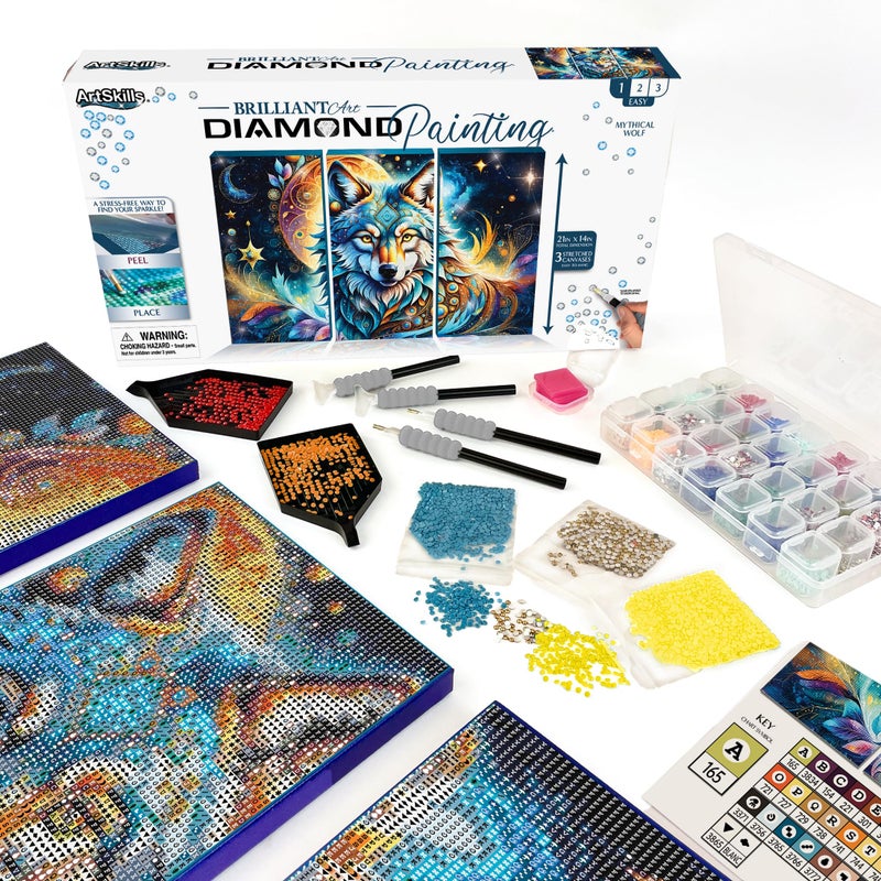 ArtSkills Diamond Painting Kit, Diamond Art Ready to Hang Framed Canvas with Storage and Accessory Kit, Mythical Wolf, 3 Stretched Canvas Panels, 14â€ x 7â€ Each - Image 1