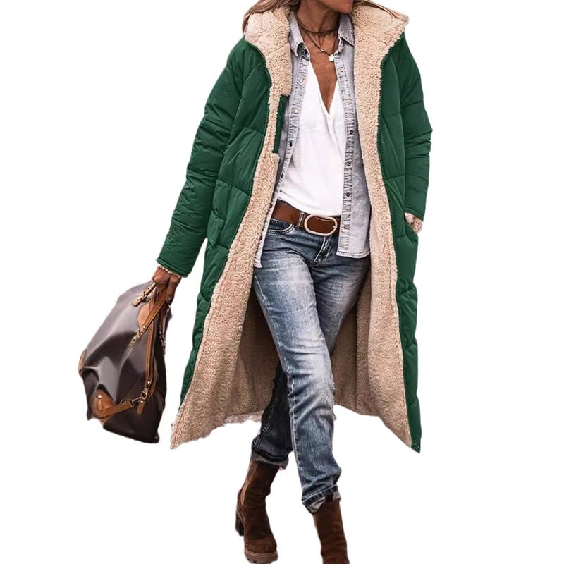 Solid Color Hooded Cotton-Padded Jacket Long Sleeve Double-Sided Wear Slim-Fit Elegant Cardigan Jacket Top - Image 5