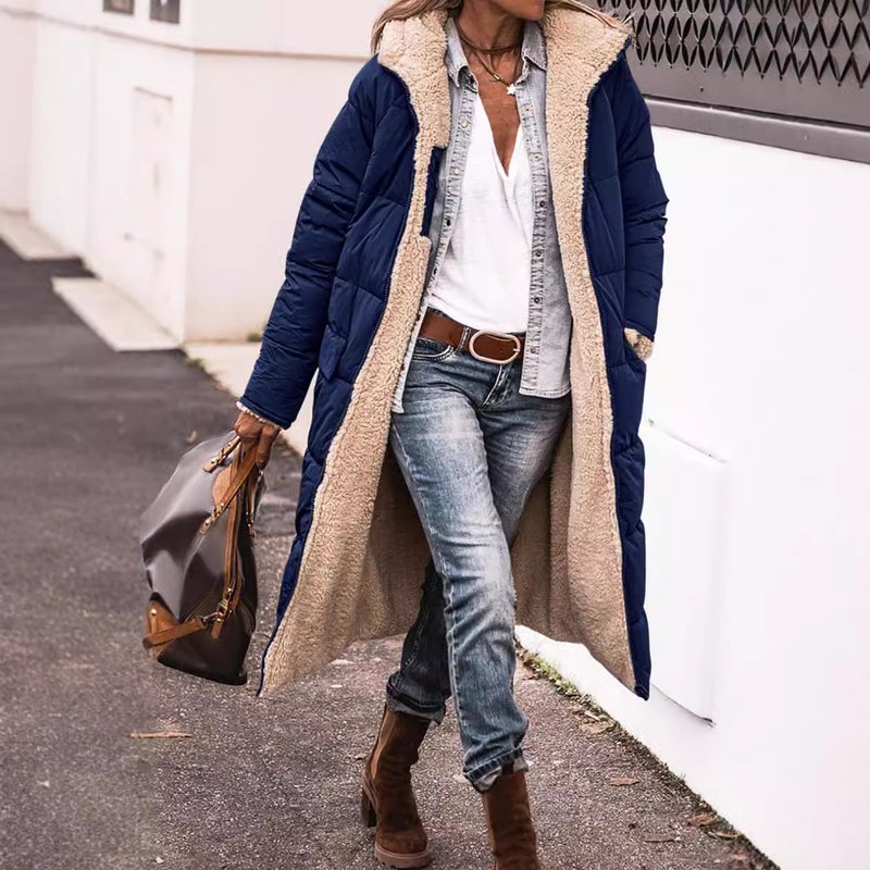 Solid Color Hooded Cotton-Padded Jacket Long Sleeve Double-Sided Wear Slim-Fit Elegant Cardigan Jacket Top - Image 3