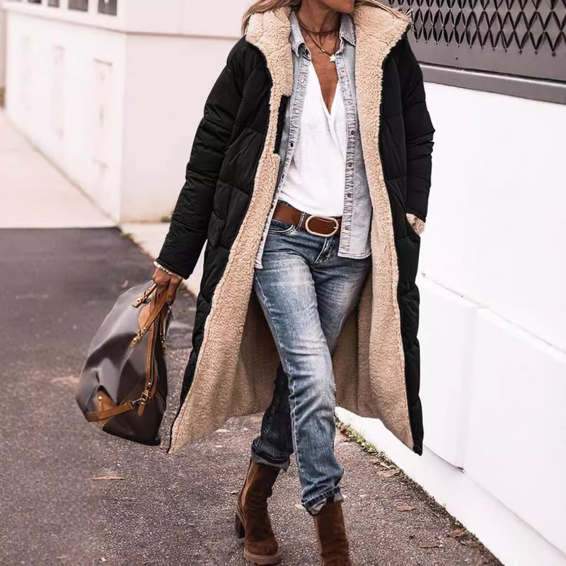 Solid Color Hooded Cotton-Padded Jacket Long Sleeve Double-Sided Wear Slim-Fit Elegant Cardigan Jacket Top - Image 2