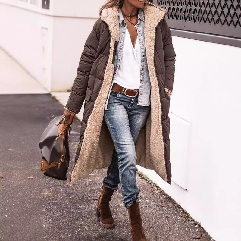 Solid Color Hooded Cotton-Padded Jacket Long Sleeve Double-Sided Wear Slim-Fit Elegant Cardigan Jacket Top - Image 1