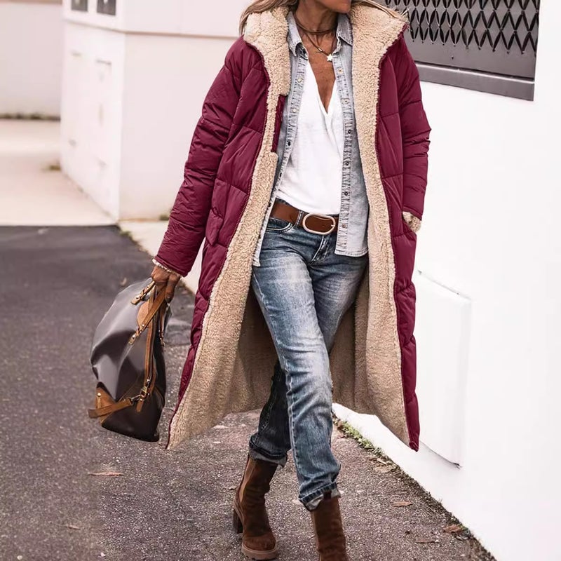 Solid Color Hooded Cotton-Padded Jacket Long Sleeve Double-Sided Wear Slim-Fit Elegant Cardigan Jacket Top - Image 4