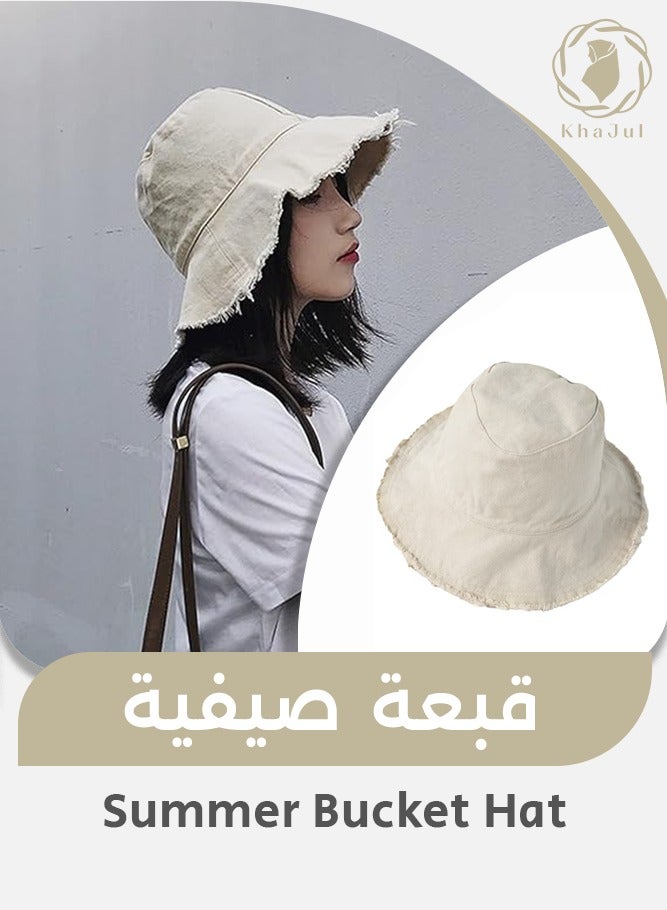 KHAJUL Summer Casual Bucket Hat, Women Fashion Accessory, Sun-Protection Soft Cap, Beach Vacation Use (Beige) - Image 1