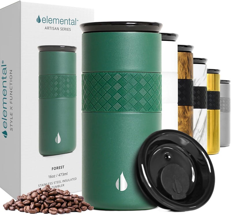 Elemental Artisan Insulated Tumbler, Triple Wall Coffee Travel Mug, Reusable Stainless Steel Coffee Tumbler with Ceramic Lid, Thermal Coffee Cups for Hot (6 Hrs) & Cold (18 Hrs), 16oz - Forest Green - Image 1
