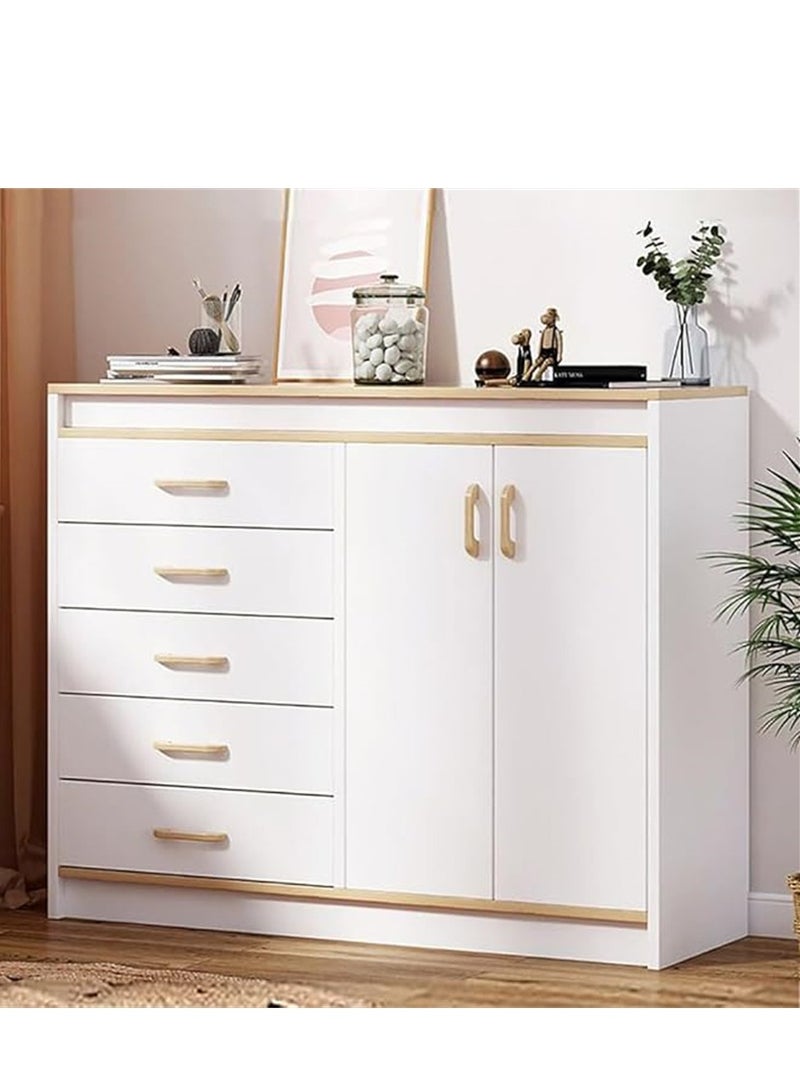Chest of Drawers, Wooden Storage Cabinet with 5 Dawers and 2 Doors for Household Items and kitchenware, Modern Drawer Storage Cabinet for Living Room Dining Room and Bedroom (White) - Image 1