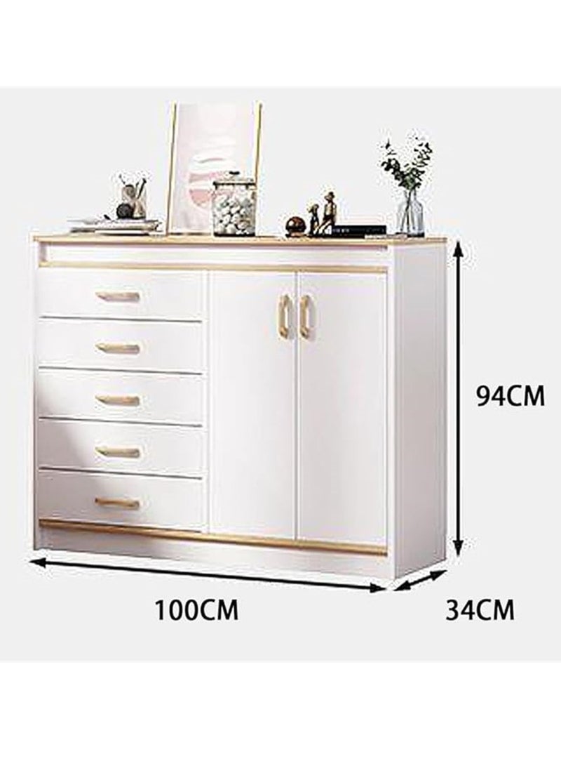Chest of Drawers, Wooden Storage Cabinet with 5 Dawers and 2 Doors for Household Items and kitchenware, Modern Drawer Storage Cabinet for Living Room Dining Room and Bedroom (White) - Image 2