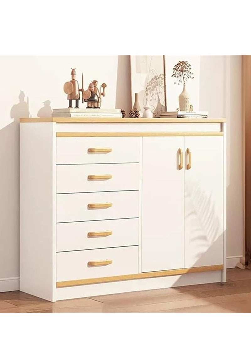 Chest of Drawers, Wooden Storage Cabinet with 5 Dawers and 2 Doors for Household Items and kitchenware, Modern Drawer Storage Cabinet for Living Room Dining Room and Bedroom (White) - Image 3