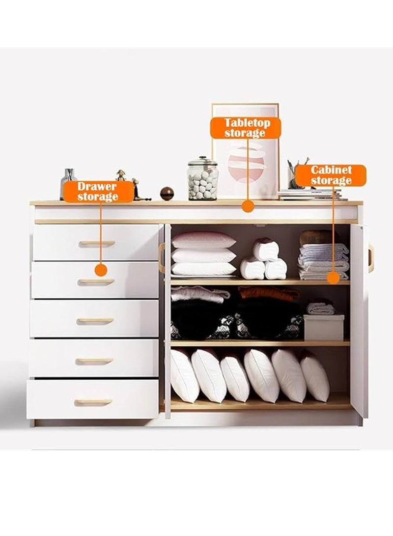 Chest of Drawers, Wooden Storage Cabinet with 5 Dawers and 2 Doors for Household Items and kitchenware, Modern Drawer Storage Cabinet for Living Room Dining Room and Bedroom (White) - Image 4