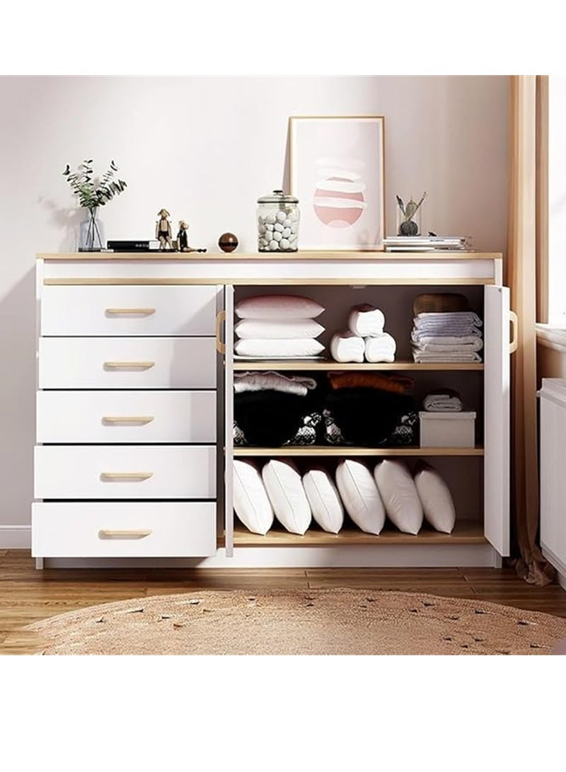 Chest of Drawers, Wooden Storage Cabinet with 5 Dawers and 2 Doors for Household Items and kitchenware, Modern Drawer Storage Cabinet for Living Room Dining Room and Bedroom (White) - Image 5