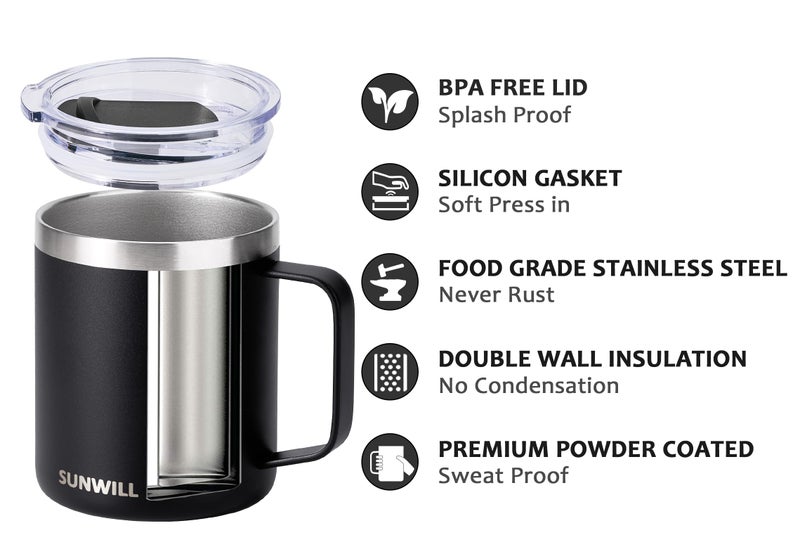 SUNWILL Travel Coffee Mug with Lid, Insulated Tumbler with Handle, 14oz Stainless Steel Cup for Camping, Outdoor, Powder Coated Black - Image 2