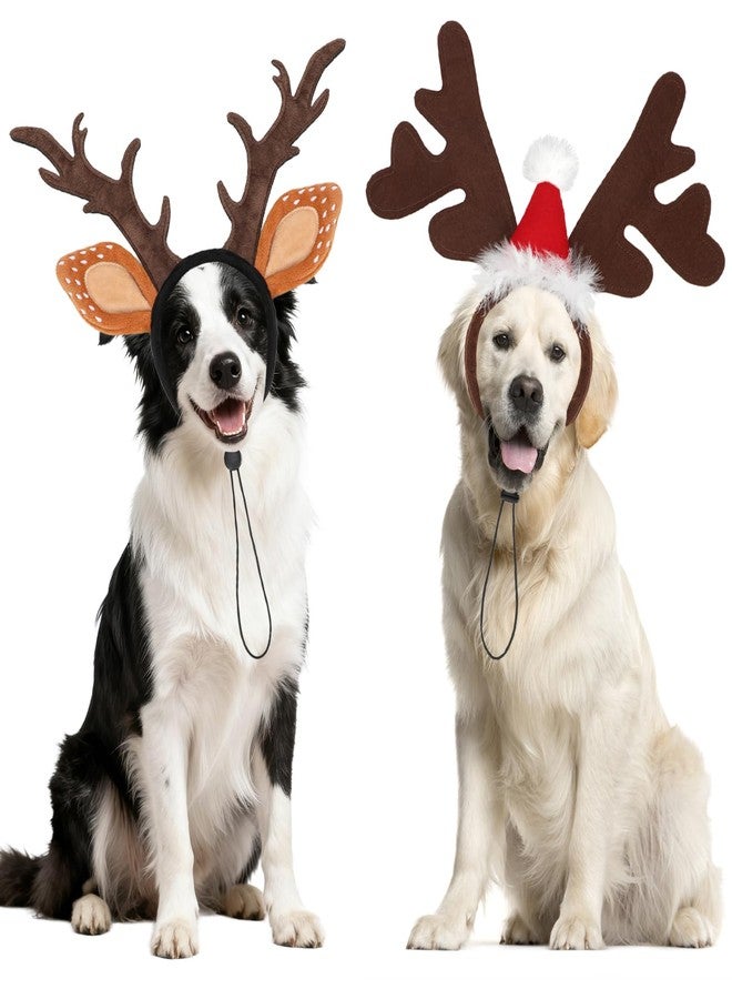 BWOGUE 2-Pack Adjustable Dog Reindeer Antlers Headband - Christmas Pet Costume Headwear with Elk Deer Ears & Santa Hat for Medium Large Dogs Cats, Soft Elastic Holiday Party Photo Props, Birthday Gift - Image 1