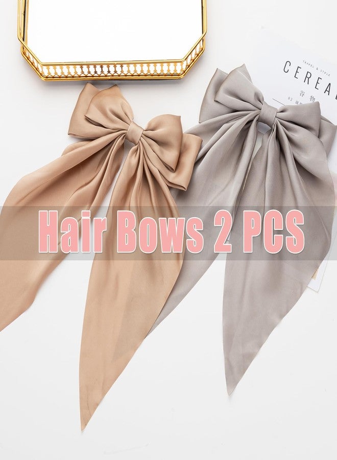 Seneeel Hair Bows 2 PCS Oversized Long-tail Cute Aesthetic Hair Accessories - Large Hair Barrettes with Ribbon Bows for Women (Grey Khaki) - Image 5