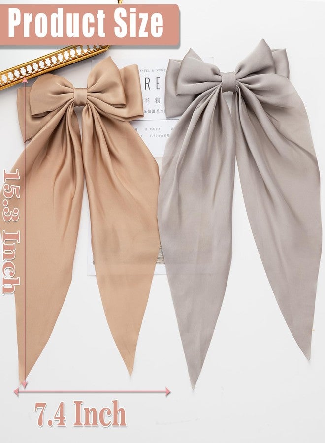 Seneeel Hair Bows 2 PCS Oversized Long-tail Cute Aesthetic Hair Accessories - Large Hair Barrettes with Ribbon Bows for Women (Grey Khaki) - Image 2